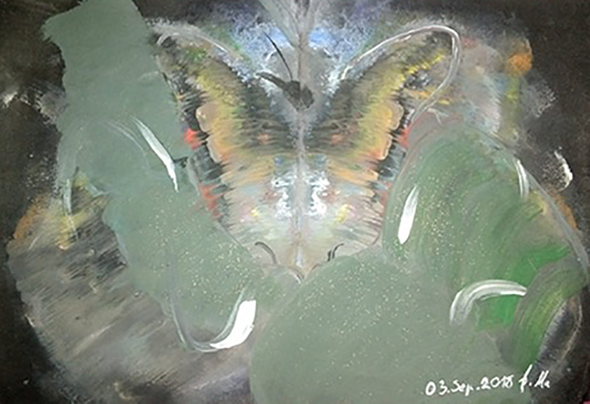DOMINIQUE MUCKENSCHNABL „Schmetterling“ 03.09.2018 Rorschach Bilder, Acrylfarbe – 335x338mm, Papier, A4 DOMINIQUE MUCKENSCHNABL „Schmetterling“ 03.09.2018 Rorschach Bilder, Acrylfarbe – 335x338mm, Papier, A4